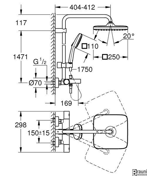 Душевая система настенного монтажа Grohe Tempesta System 250 Cube с термостатом для ванны (266912431) 266912431 фото