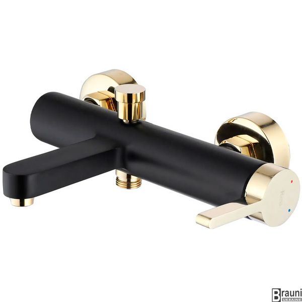 Кран смеситель для ванны черный с золотой однорычажной ручкой.