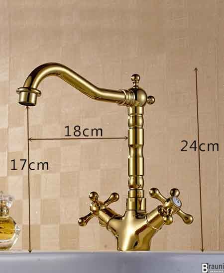 Смеситель высокий для кухни или умывальника 065 Deco Gold золото, двухвентильный 1810 фото