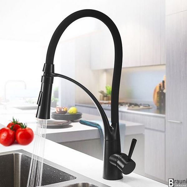 Змішувач для кухонної мийки раковини чорний з душем одноричажний