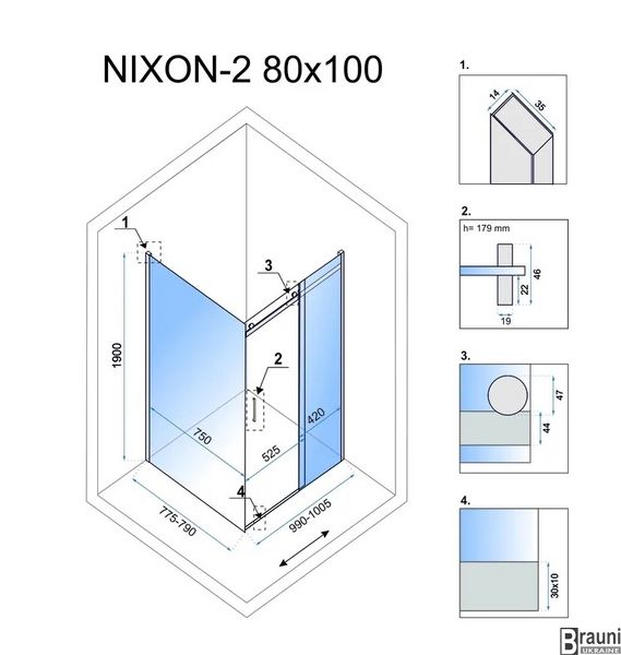 Кутова душова кабіна REA NIXON 80х100 P REA-K5010 + REA-K7440 фото