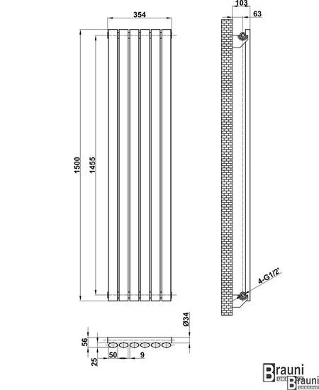 Дизайнерский вертикальный радиатор отопления TM ARTTIDESIGN «Rimini 6/1500» Цвет чёрный матовый 5466 фото
