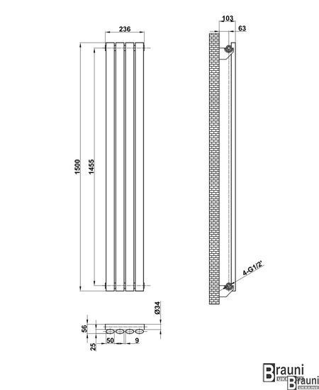 Вертикальний дизайнерський радіатор опалення ТМ ARTTIDESIGN Rimini 4/1500 чорний матовий 5519 фото