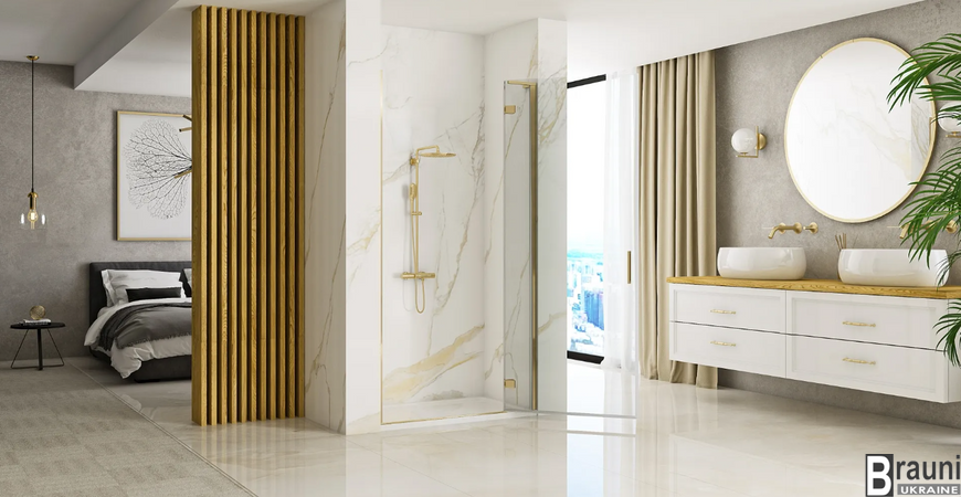 Бронзові латунні двері в душові кольори матове золото.