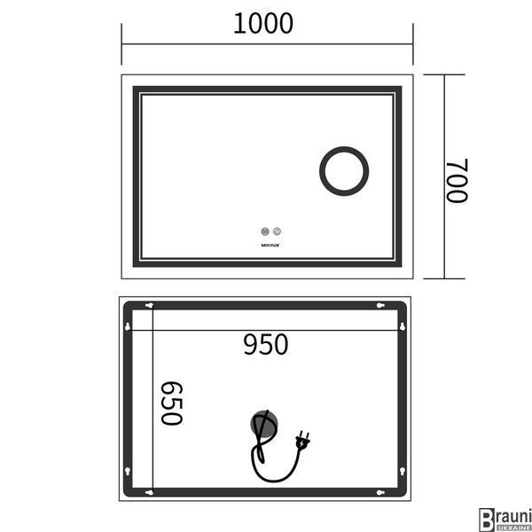 MIXXUS PREMIUM QUADRO MR20-100x70 Дзеркало з LED Touch, Anti-fog, димером, регулятором яскравості, лінзою MP6622 фото