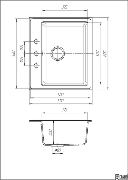 Кухонна мийка Patrat Grafit 60х52 гранітна RO410489 фото